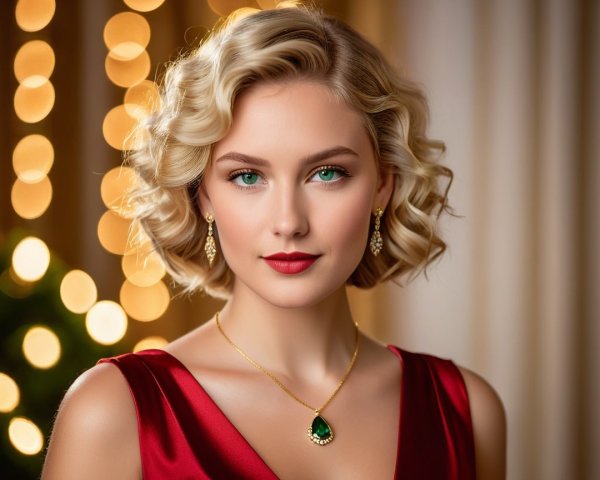 Glamorous Woman in Red Dress with Emerald Jewelry