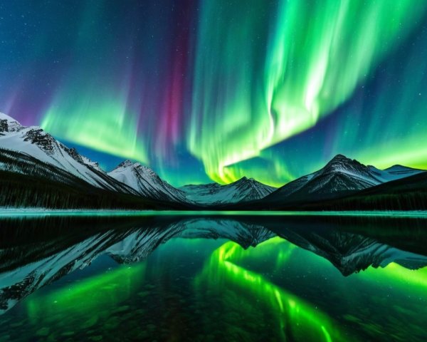 Northern Lights Over a Serene Lake and Mountains