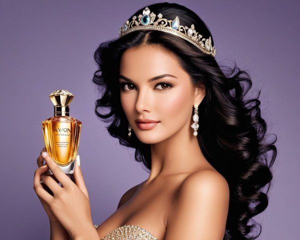 Elegant perfume bottle displayed by a glamorous model