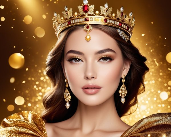 Portrait of a Young Woman in Golden Attire and Crown