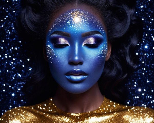 Cosmic Beauty Look with Blue Face Paint and Glitter