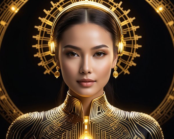 Portrait of a Woman in Futuristic Golden Outfit