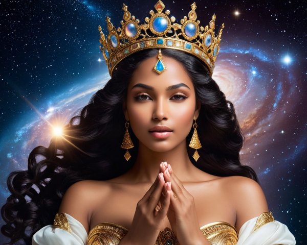 Regal figure with golden crown against cosmic backdrop