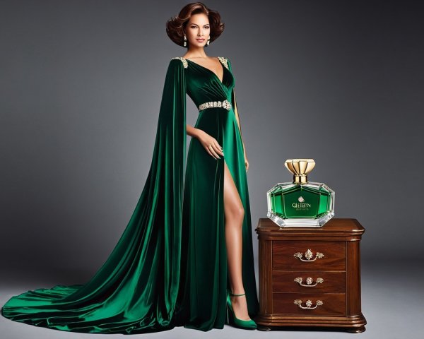 Glamorous model in emerald gown with elegant details