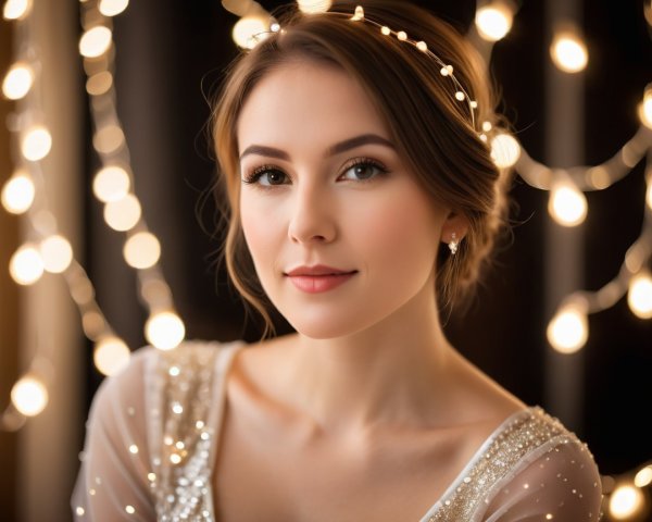 Young woman with elegant makeup and shimmering outfit