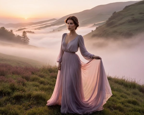 Woman in Lavender Gown on Misty Hillside at Sunset