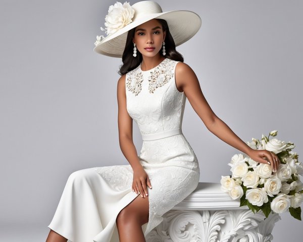 Elegant Woman in White Dress with Bouquet of Roses
