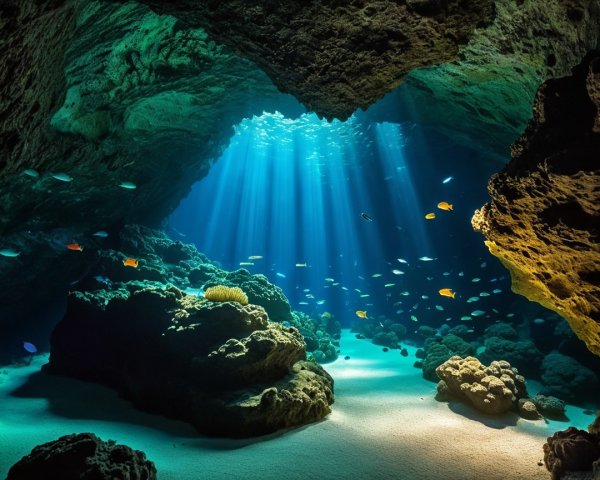Underwater Cave with Sunlit Reef and Colorful Fish