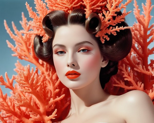 Vintage-Inspired Portrait of a Woman with Coral Accents