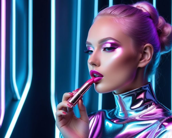 High-Fashion Model with Bold Pink Lipstick and Neon Lights