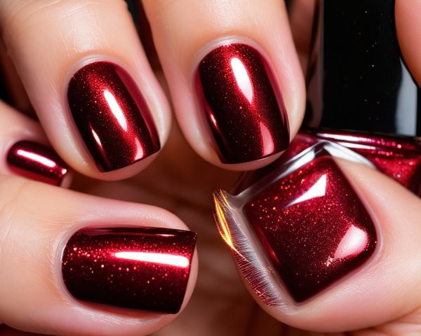 Glossy Deep Red Glitter Nail Polish on Manicured Nails