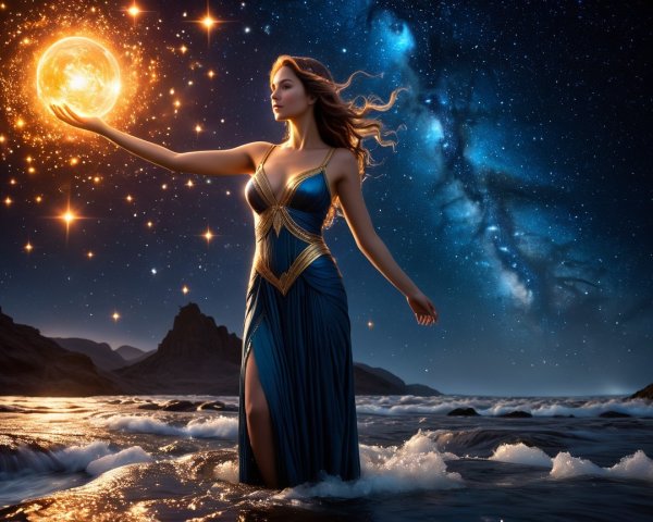 Mystical Figure in Elegant Gown by Shimmering Ocean