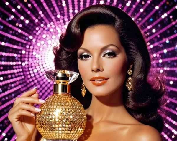 Glamorous Woman with Golden Perfume Bottle and Lights