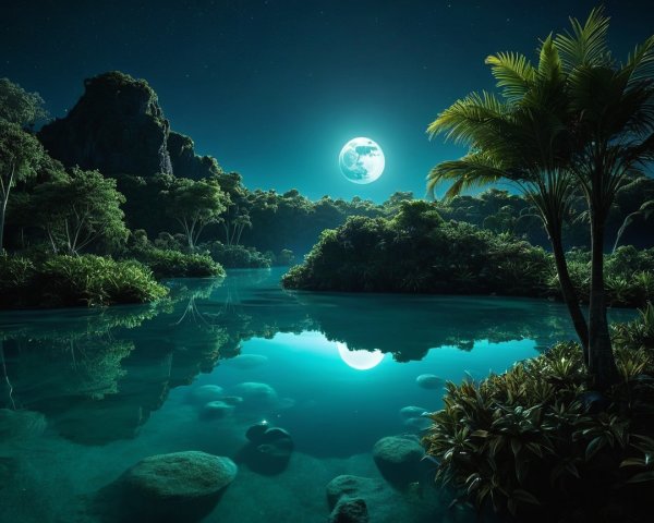 Nighttime Landscape with Moonlit Water and Palm Trees