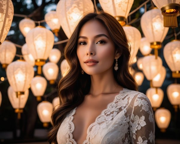 Young woman in lace dress among glowing lanterns