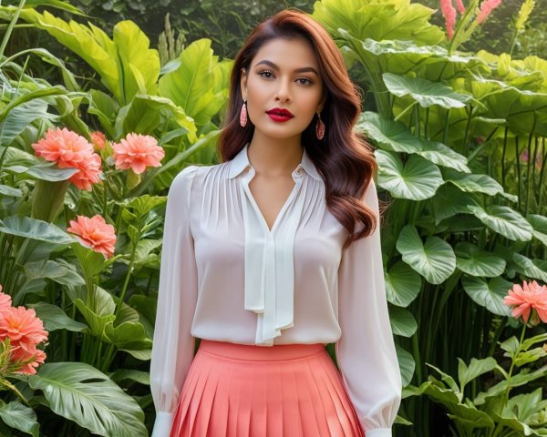 Woman in white blouse and coral skirt among flowers