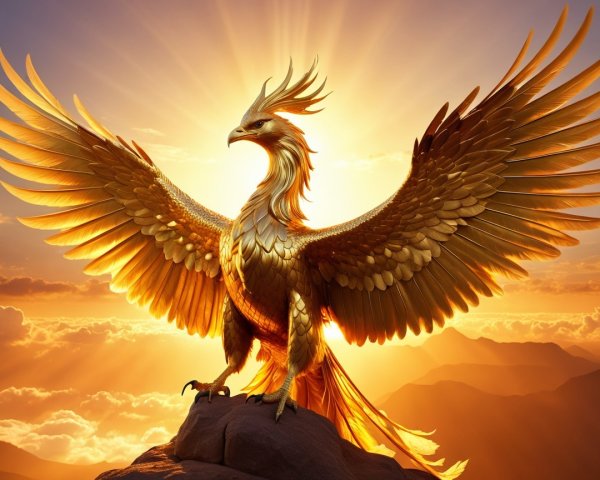Golden phoenix atop rocky perch at sunrise