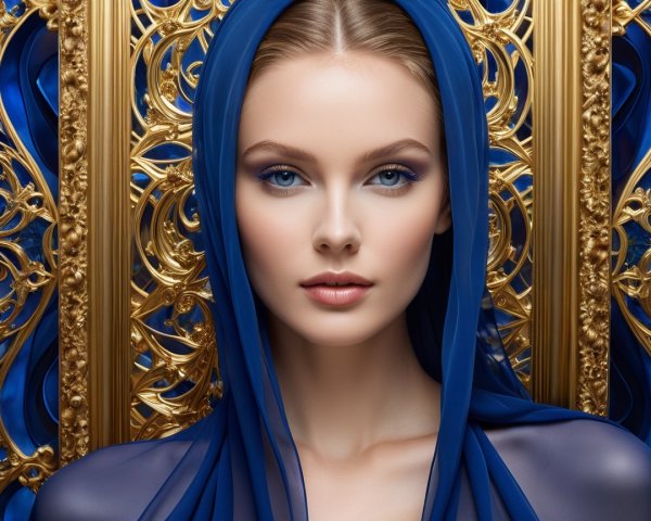 Portrait of a Serene Woman in a Blue Hood