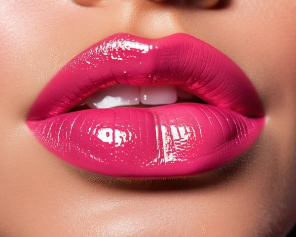 Close-Up of Glossy Hot Pink Lipstick on Styled Lips