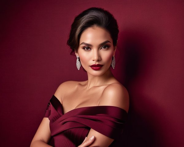 Elegant woman in burgundy gown with soft waves