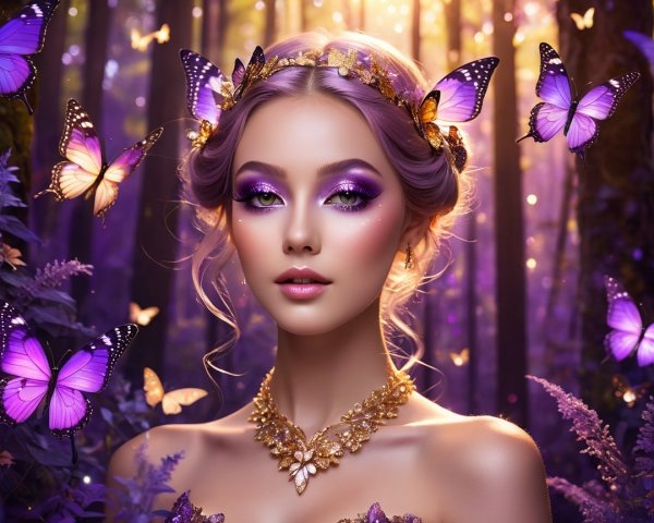 Ethereal Beauty in a Mystical Forest with Butterflies