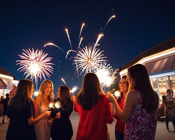 Friends Celebrating at Night with Sparklers and Fireworks