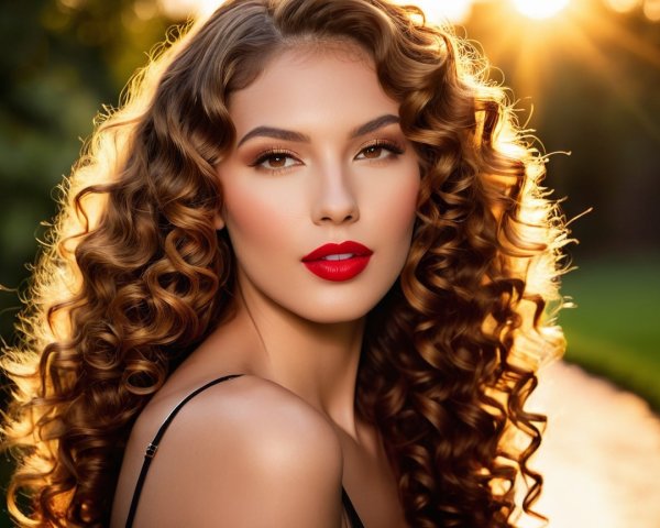 Elegant Woman with Curly Hair in Sunlit Setting