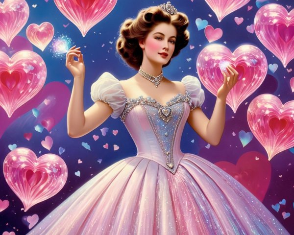 Whimsical Fairy Tale Scene with Pastel Gown and Hearts