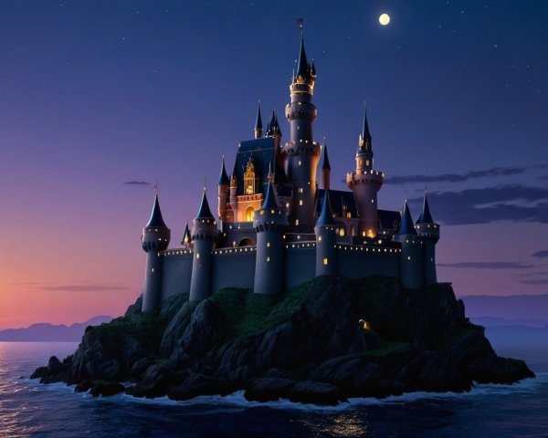 Castle on Rocky Island Under Twilight Sky