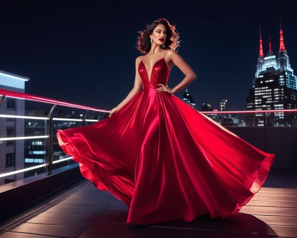 Woman in red gown twirls on rooftop with city skyline