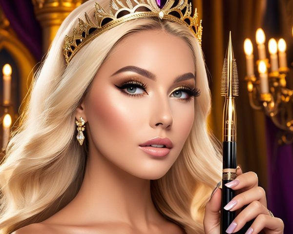 Elegant Woman with Golden Crown and Glamorous Pen