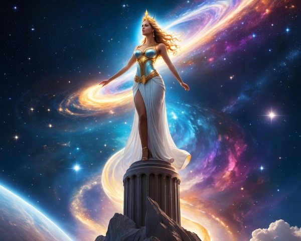 Celestial Figure on Pedestal in Cosmic Backdrop