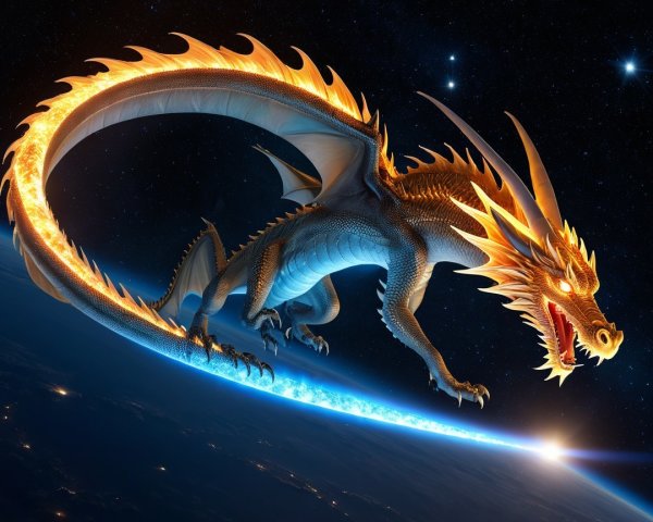Majestic dragon flying above a planet's horizon