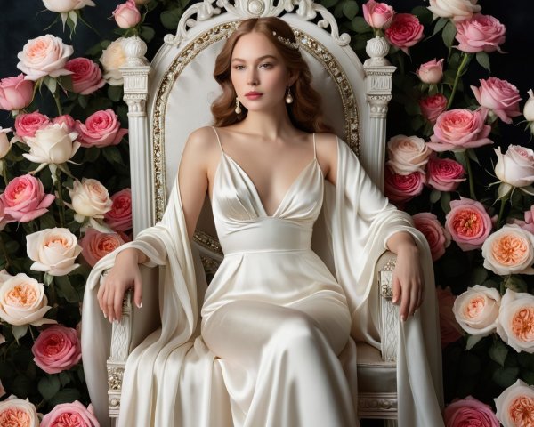 Young Woman on Ornate Throne Surrounded by Roses