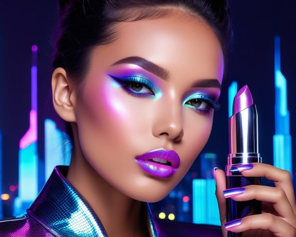 Glamorous Model in Neon Skyline with Bold Makeup