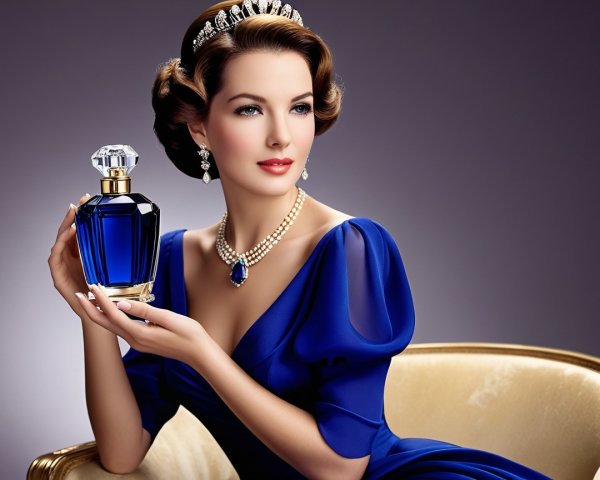 Elegant Woman in Blue Dress with Perfume Bottle