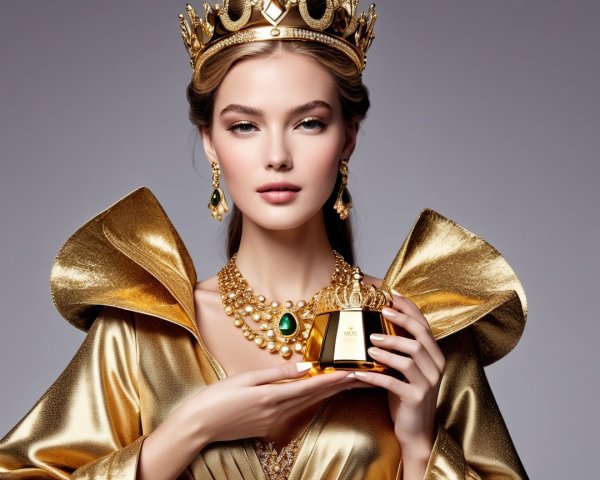 Regal Woman in Gold Gown with Emerald Jewelry