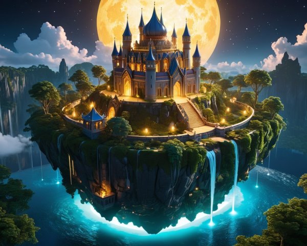 Floating Castle on Lush Island Under Full Moon
