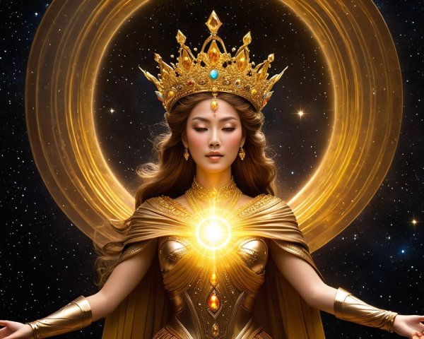 Regal figure in golden robes with cosmic backdrop
