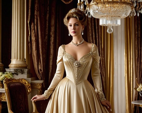 Regal Woman in Luxurious Gown in Opulent Setting