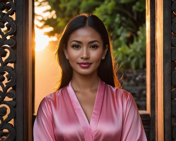 Young Woman in Sunset Glow at Doorway