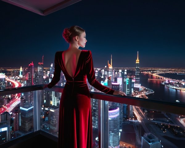 Woman in Red Velvet Gown Overlooking City Skyline
