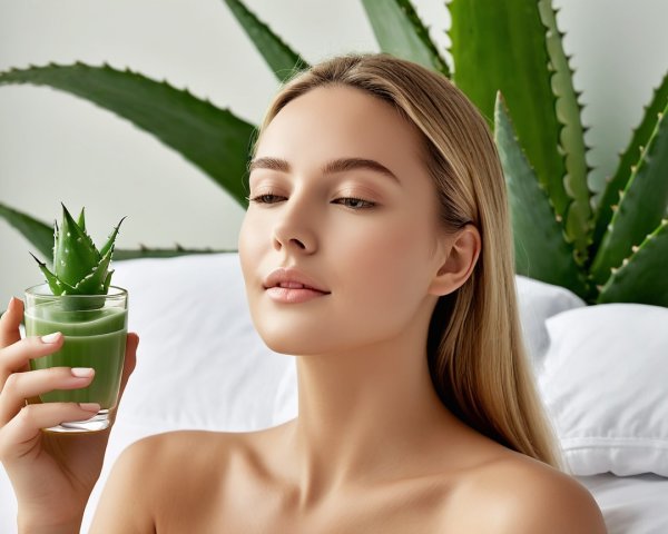 Young woman with green drink among aloe plants