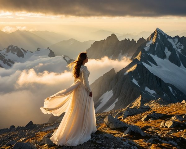 Woman in White Gown on Mountain Peak at Sunset