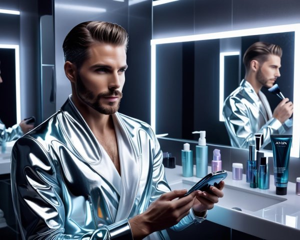 Stylish Man in Modern Bathroom with Grooming Products