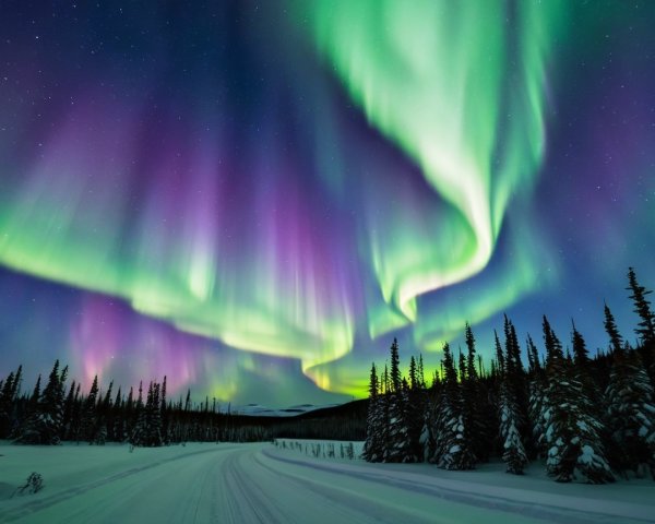 Northern Lights Display Over Snowy Landscape