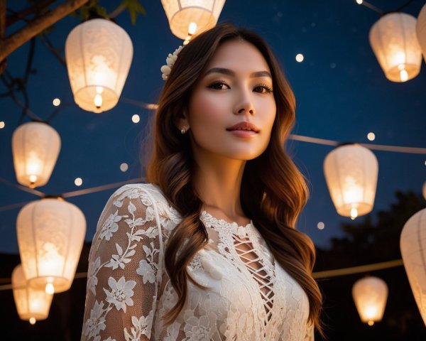 Portrait of a Young Woman in Lantern Light at Twilight