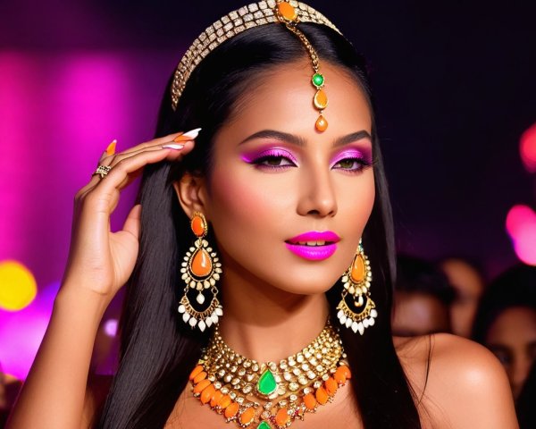 Elegant beauty with vibrant makeup and traditional jewelry