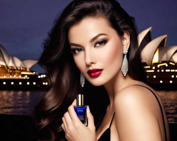 Glamorous woman with perfume against iconic skyline