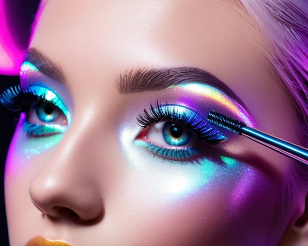 Close-Up of Iridescent Makeup with Neon Background